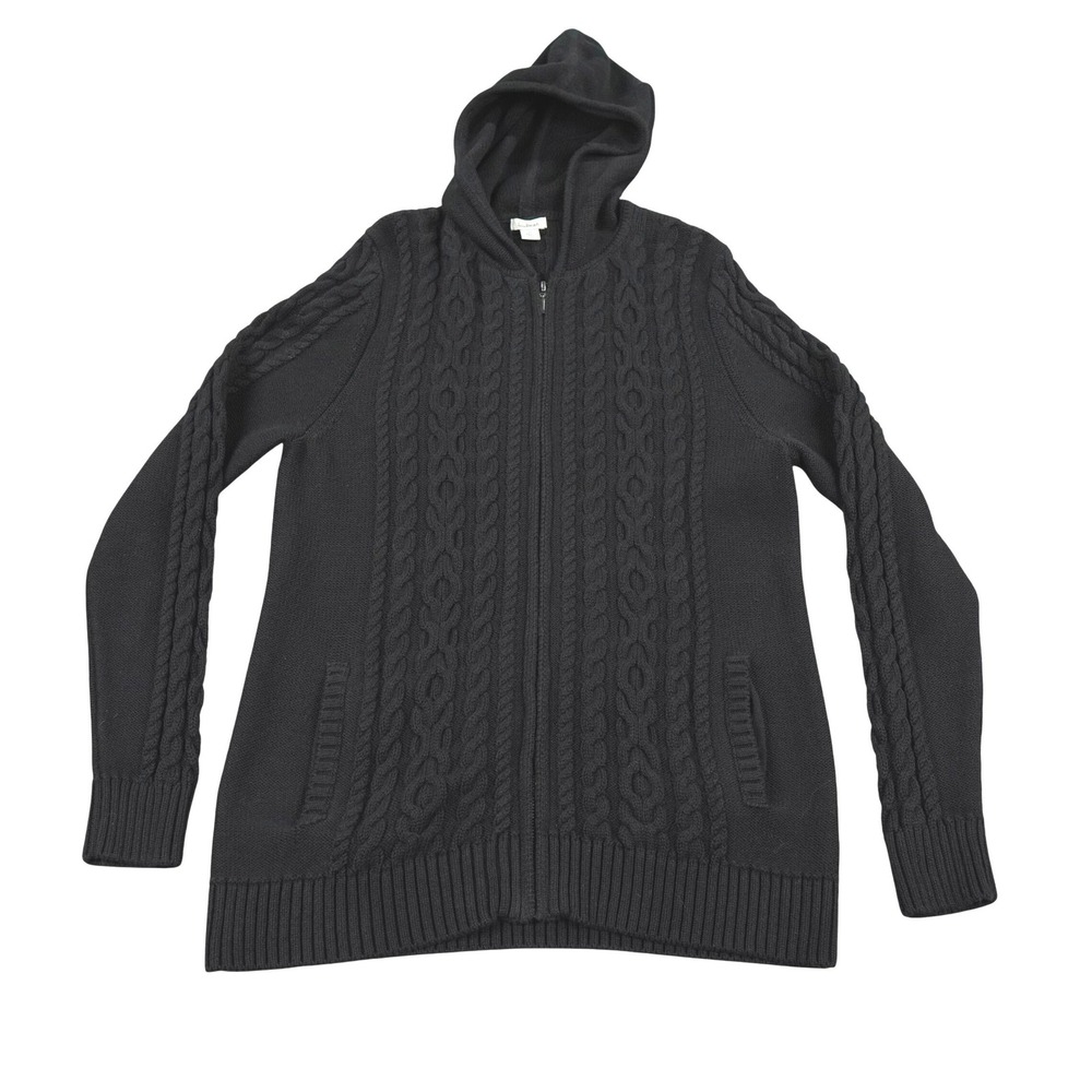 LL Bean Cable Knit Hoodie Sweater Womens Large Black Fisherman Cotton Sweater